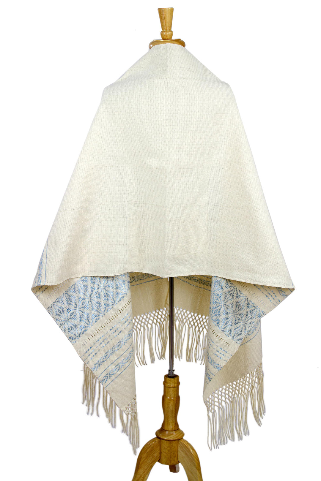 Creamy Cotton Handwoven Shawl with Light Blue Stars - Azure Stars of Teotitlan