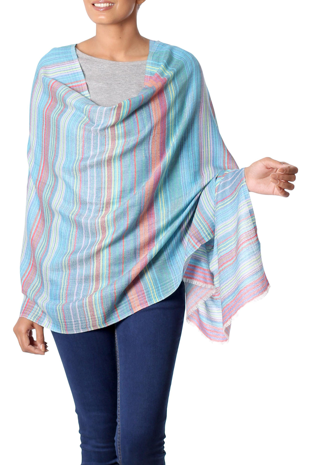 Indian Hand Loom 100% Wool Shawl in Blue, Red, Green Stripes - Intense Stripes