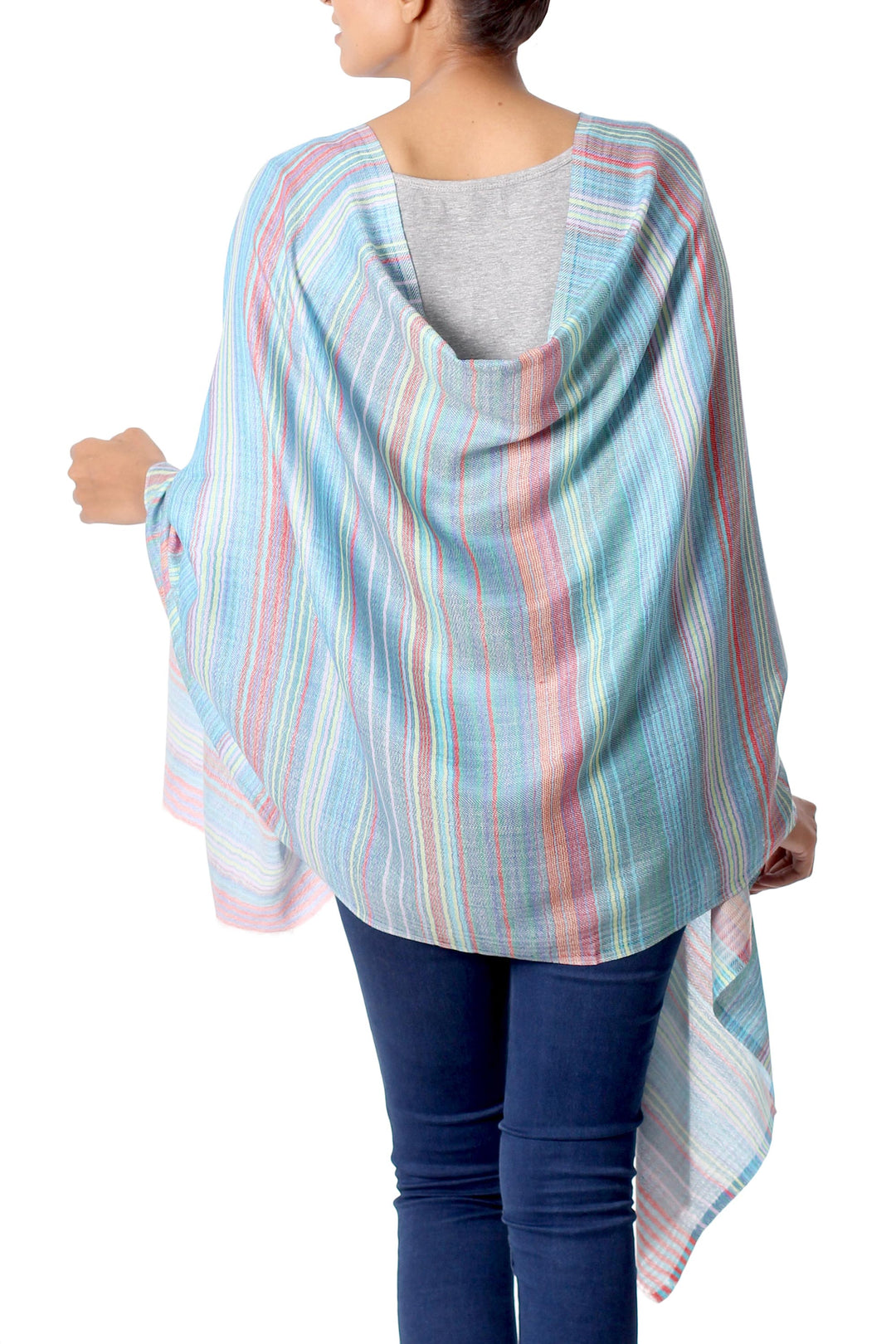 Indian Hand Loom 100% Wool Shawl in Blue, Red, Green Stripes - Intense Stripes