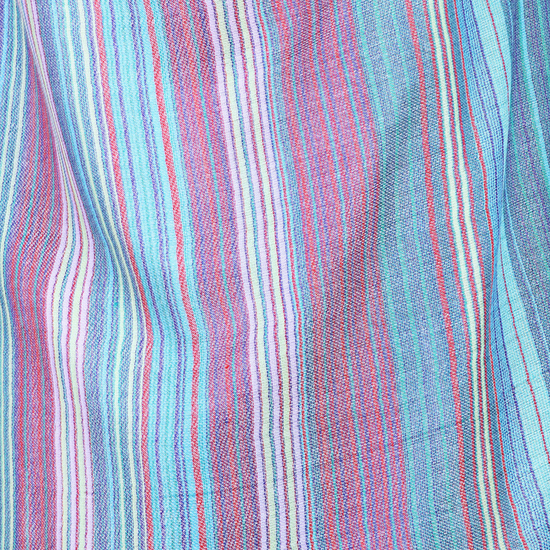 Indian Hand Loom 100% Wool Shawl in Blue, Red, Green Stripes - Intense Stripes