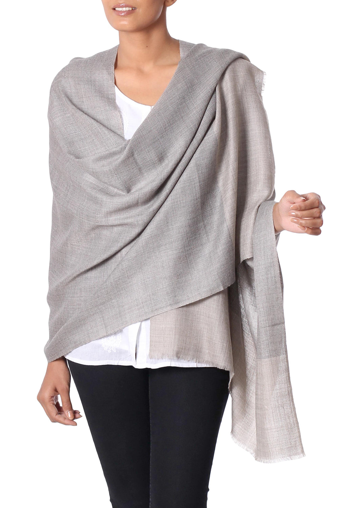 Indian Hand Loomed Grey Wool Viscose Shawl - Subtle Delight