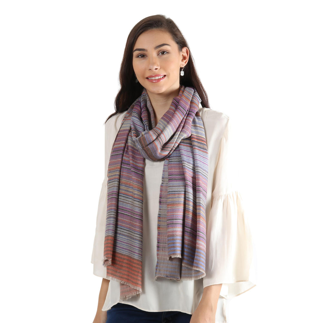 100% Wool Shawl with Multicolored Stripes Handmade in India - Brilliant Stripes