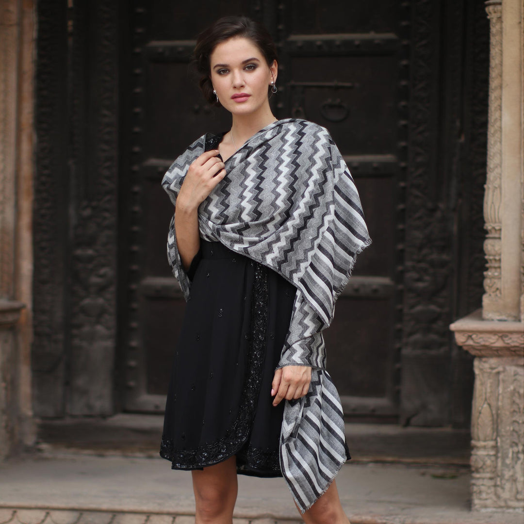 Hand Woven Wool Shawl from India in Grey, Black, and White - Grey Delight