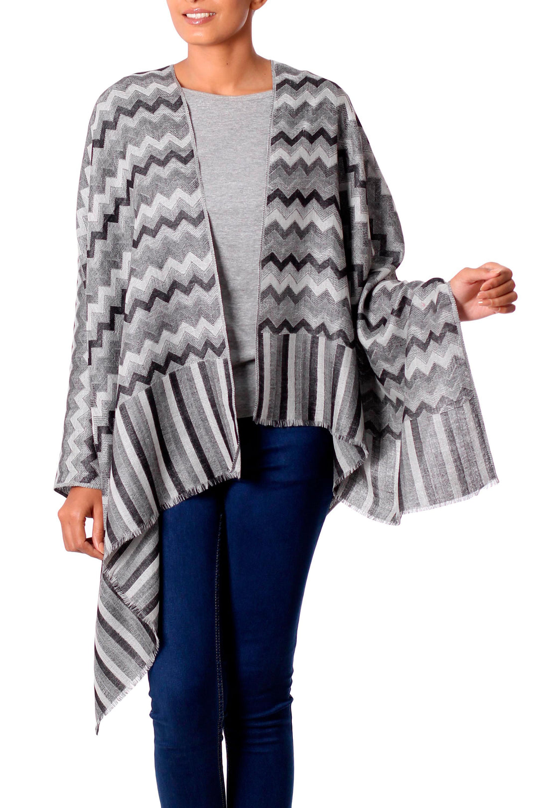 Hand Woven Wool Shawl from India in Grey, Black, and White - Grey Delight