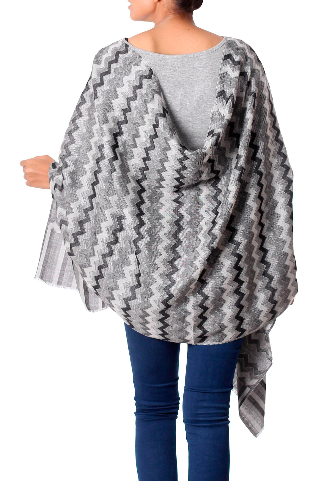Hand Woven Wool Shawl from India in Grey, Black, and White - Grey Delight