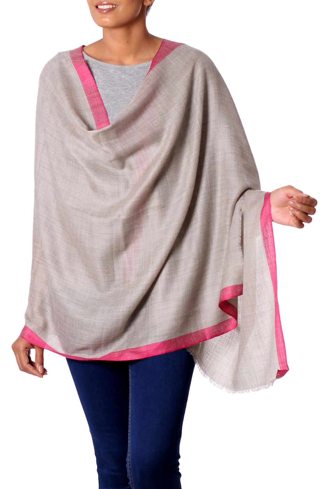 Hand Woven 100% Wool Shawl from India in Grey with Fuchsia - Appealing Beauty