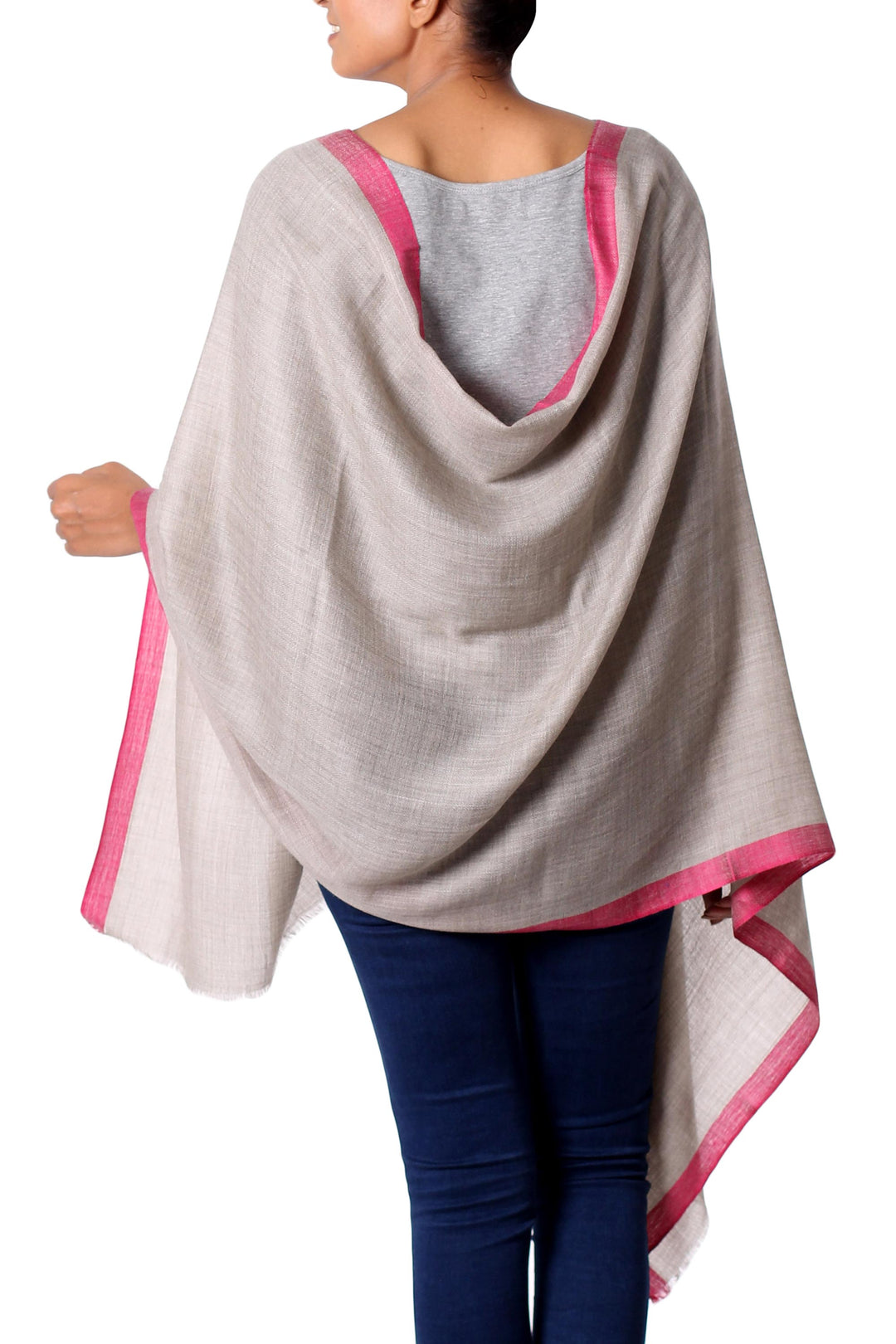 Hand Woven 100% Wool Shawl from India in Grey with Fuchsia - Appealing Beauty