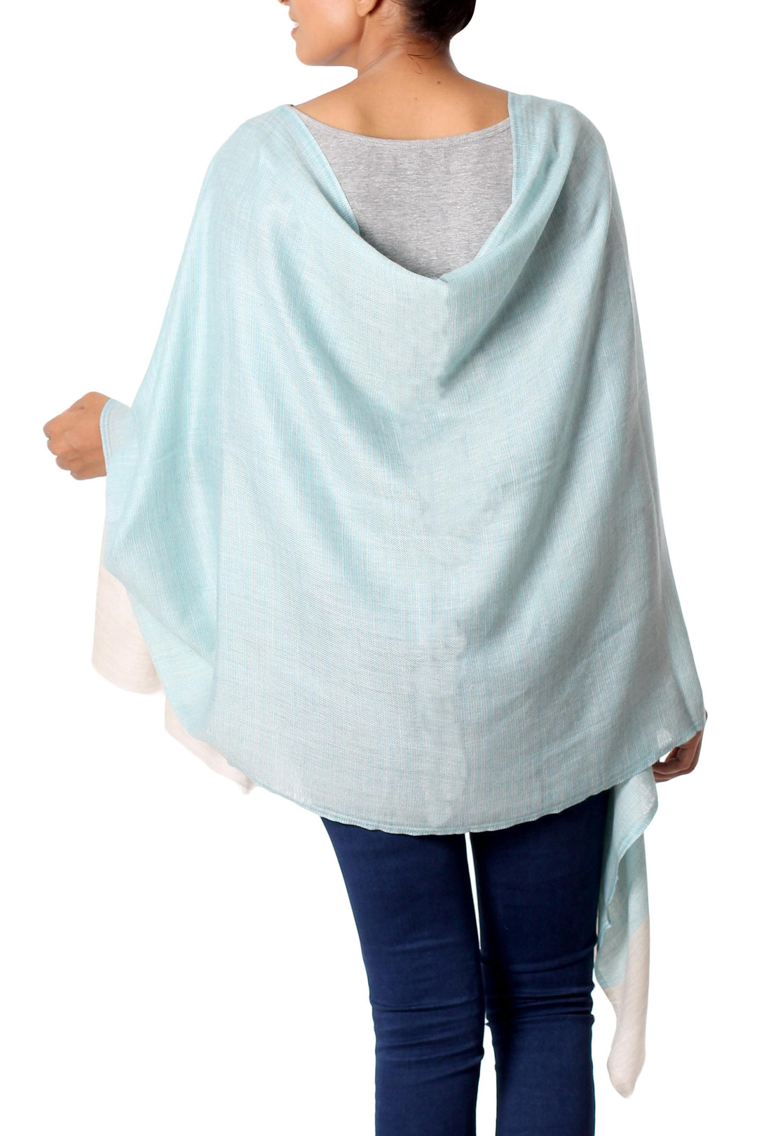 100% Wool Shawl in Light Blue and Grey Handmade in India - Blue Delight