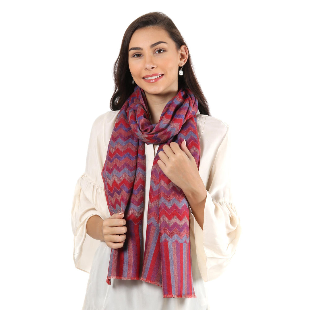 Colorful Zigzag Wool Shawl Handloomed in Indian - Poppy Romance