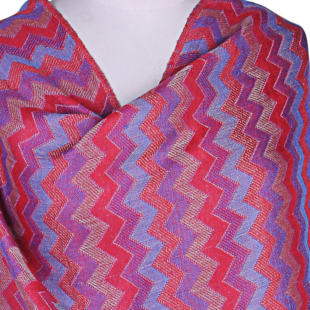 Colorful Zigzag Wool Shawl Handloomed in Indian - Poppy Romance