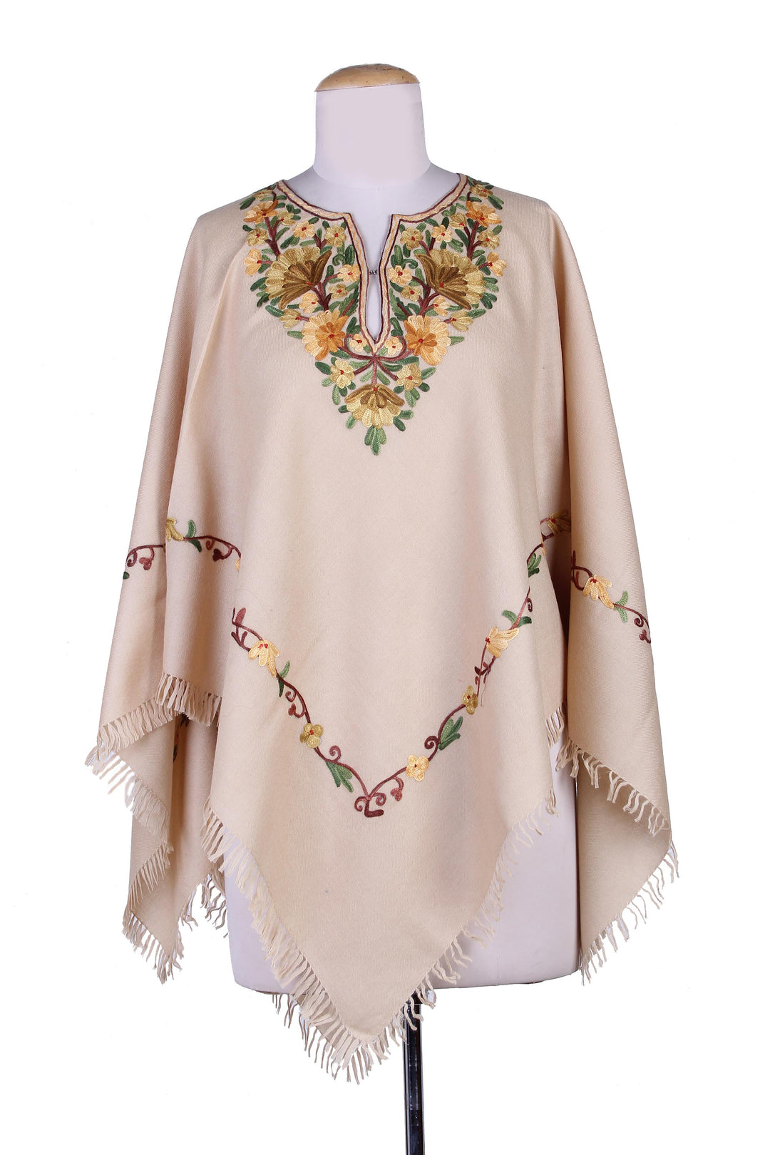 Aari Wool Poncho with Floral Motifs and Fringes from India - Aari Princess