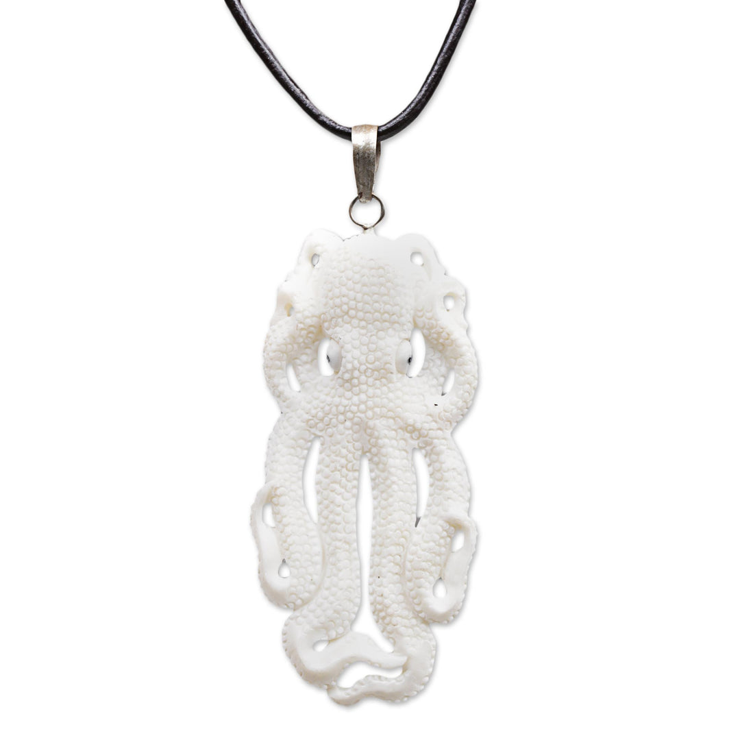 Handcarved Bone Octopus Pendant Necklace made in Indonesia - Great Octopus