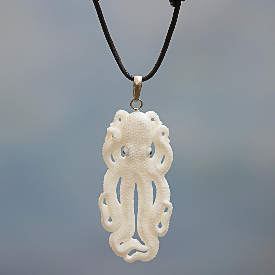 Handcarved Bone Octopus Pendant Necklace made in Indonesia - Great Octopus