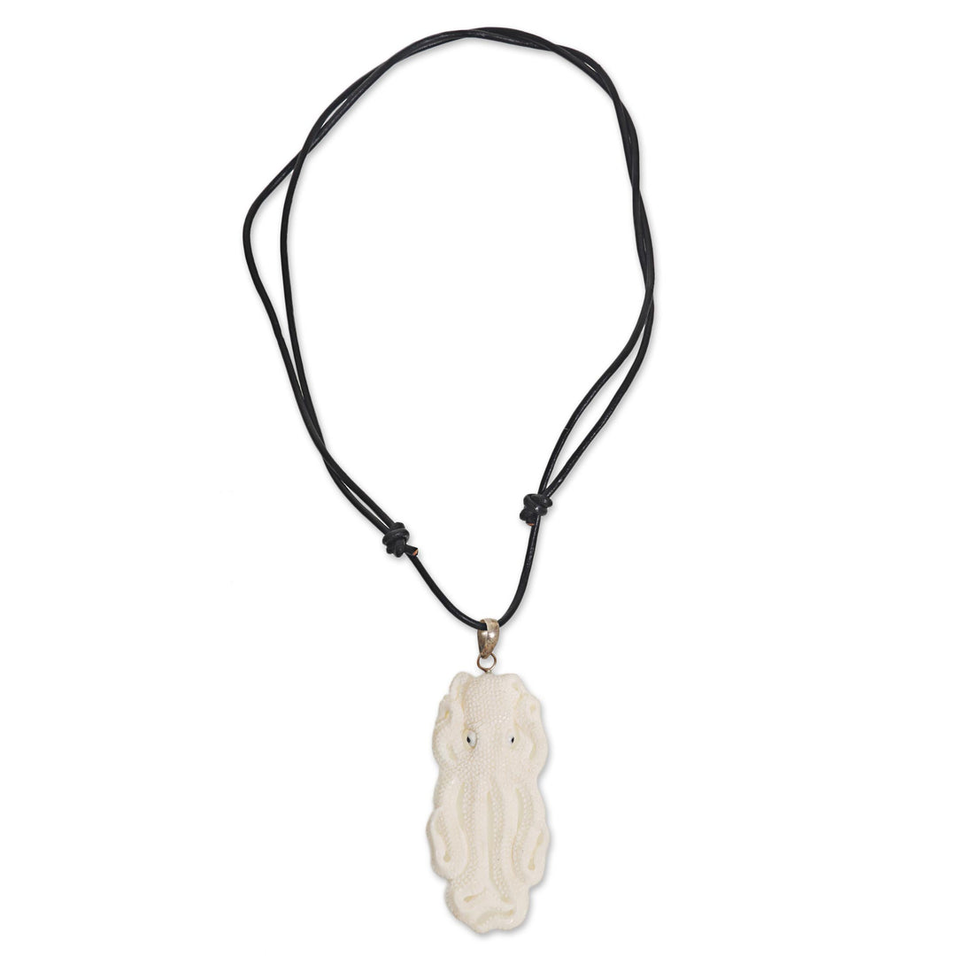 Handcarved Bone Octopus Pendant Necklace made in Indonesia - Great Octopus
