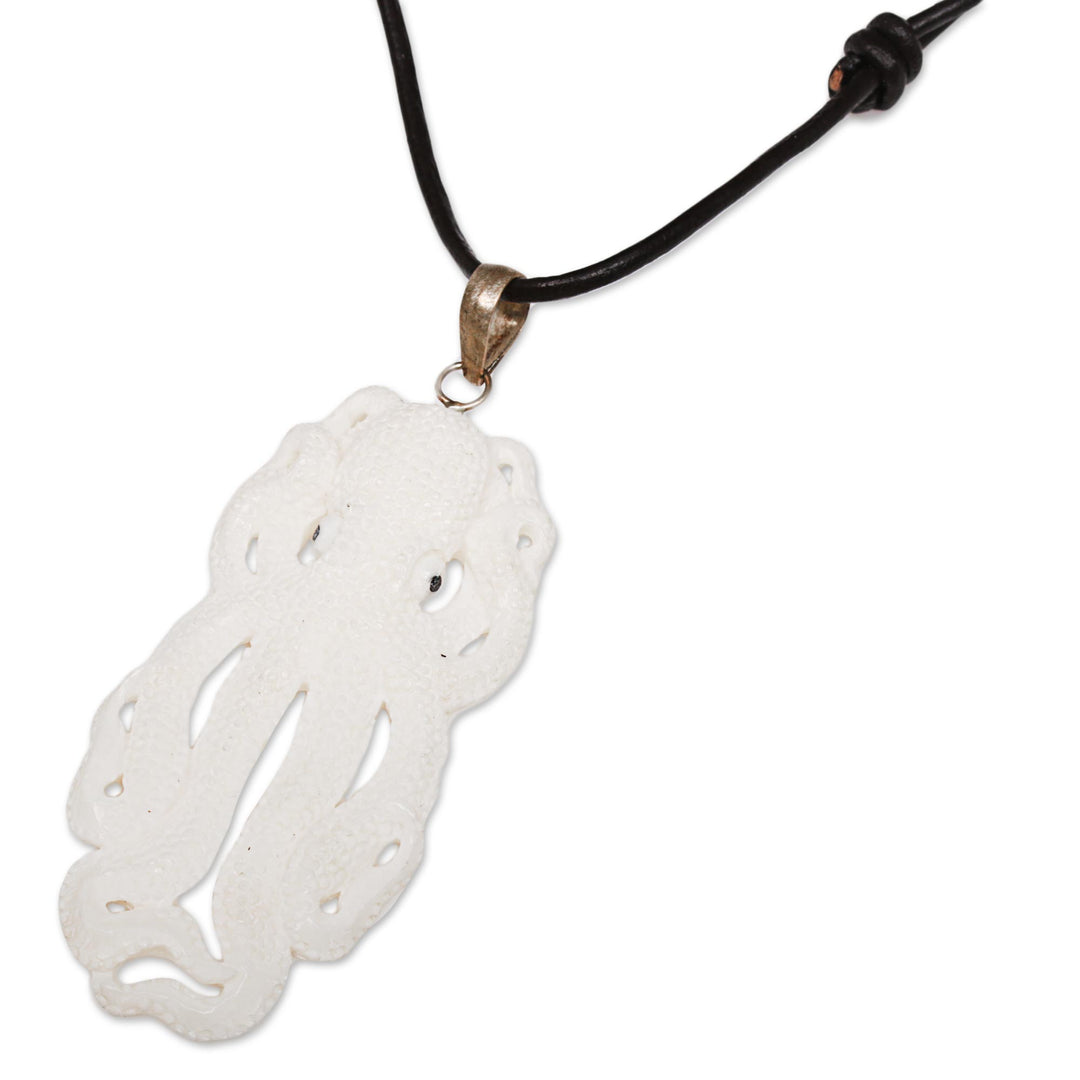 Handcarved Bone Octopus Pendant Necklace made in Indonesia - Great Octopus