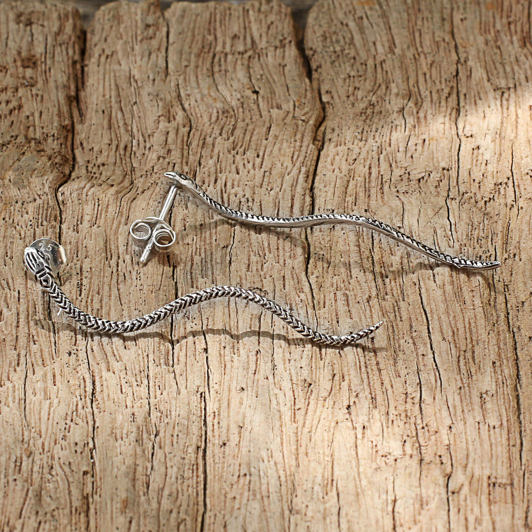 Sterling Silver Snake Drop Earrings from Thailand - Winding Snakes