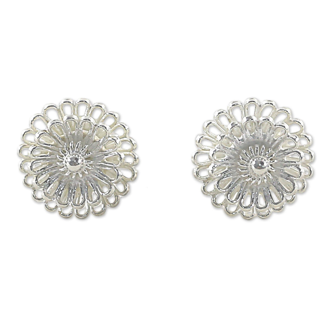 Hand Made Sterling Silver Stud Earrings Floral Thailand - Zinnia Flowers