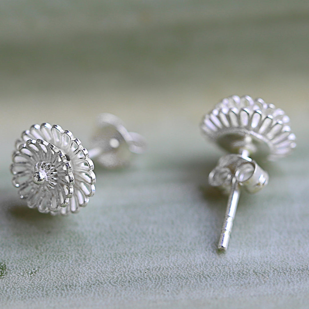 Hand Made Sterling Silver Stud Earrings Floral Thailand - Zinnia Flowers