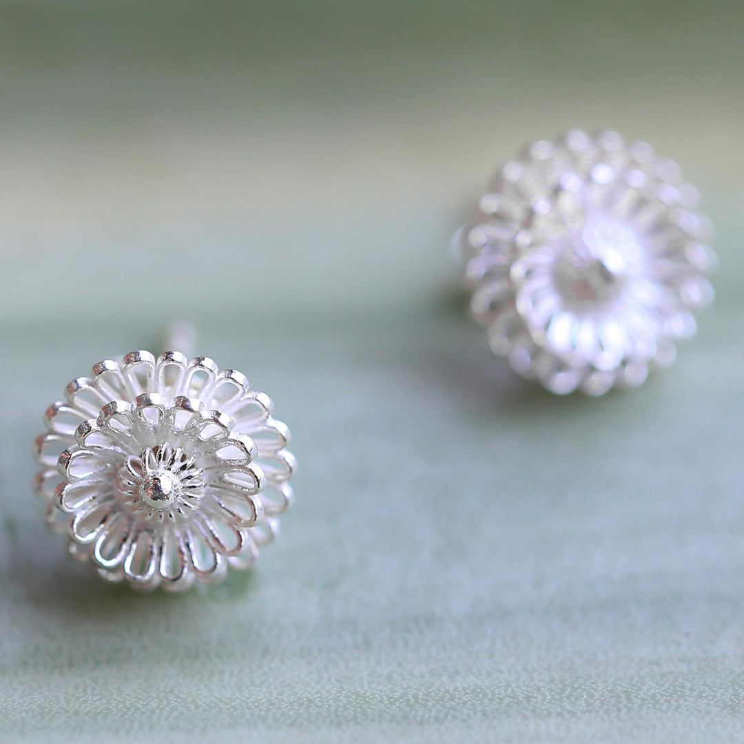Hand Made Sterling Silver Stud Earrings Floral Thailand - Zinnia Flowers
