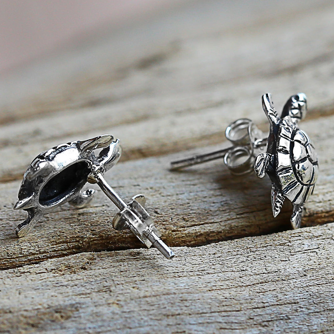 Sterling Silver Button Earrings Turtle Shape from Thailand - Little Turtles