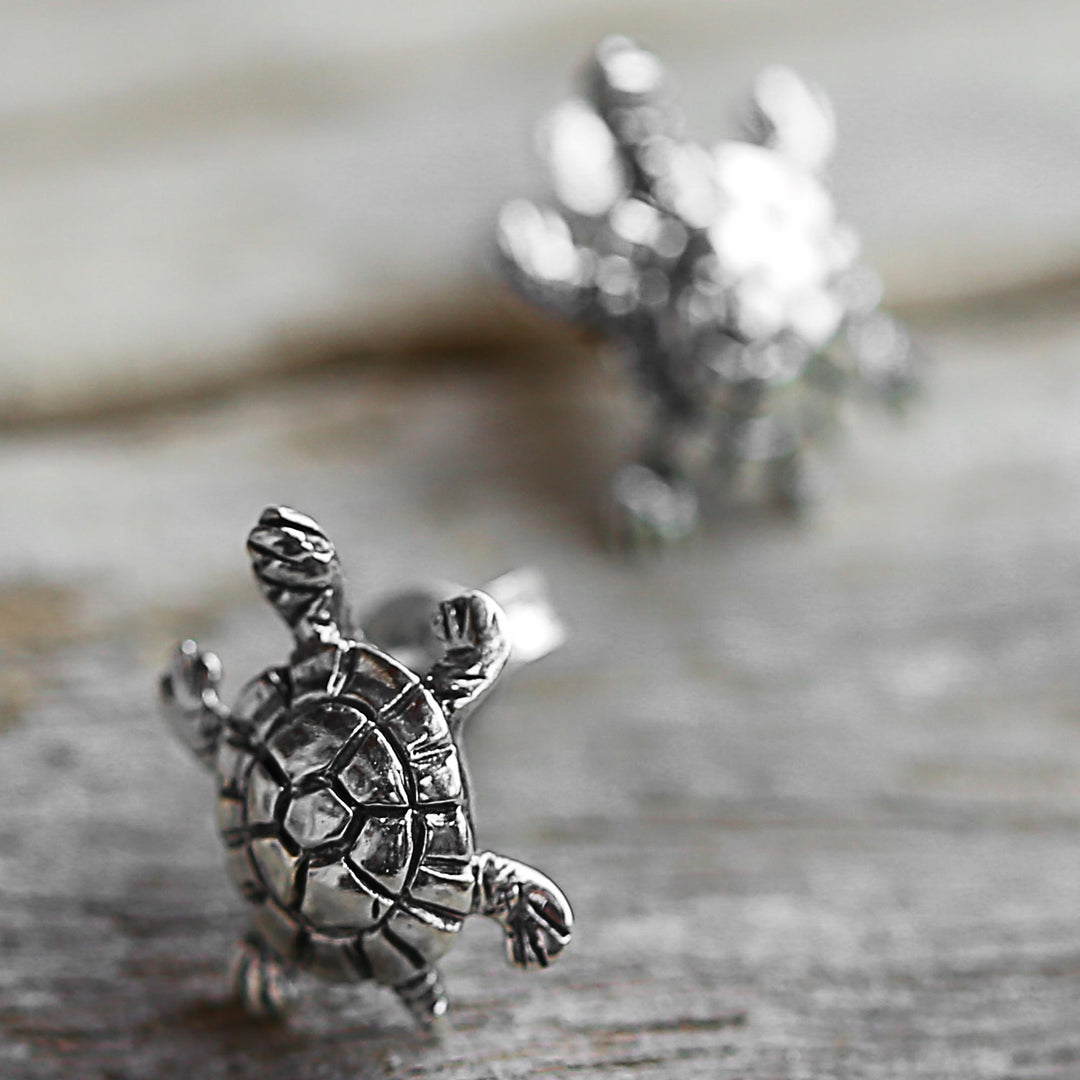 Sterling Silver Button Earrings Turtle Shape from Thailand - Little Turtles