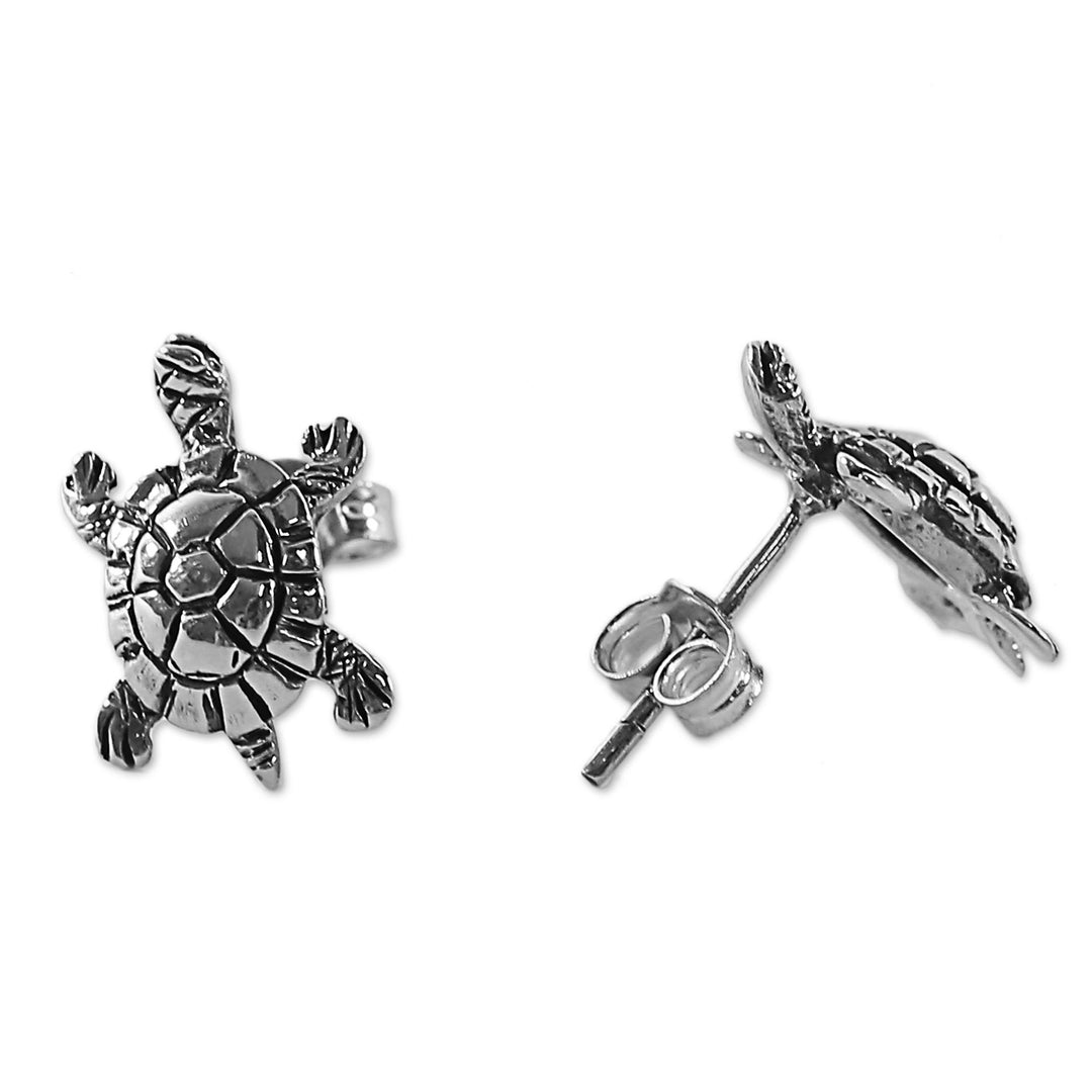Sterling Silver Button Earrings Turtle Shape from Thailand - Little Turtles