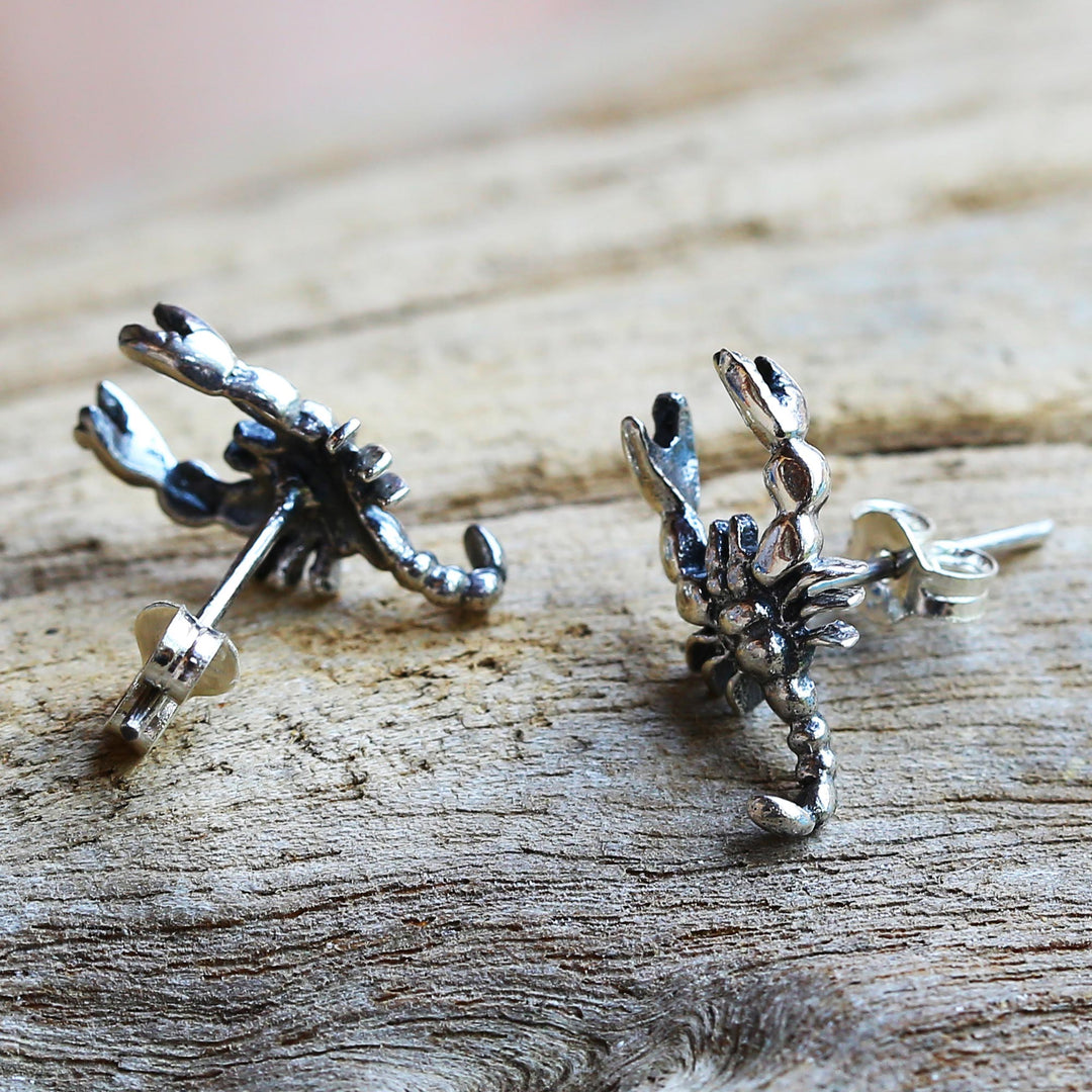 Sterling Silver Button Earrings Scorpion Shape from Thailand - Little Scorpions