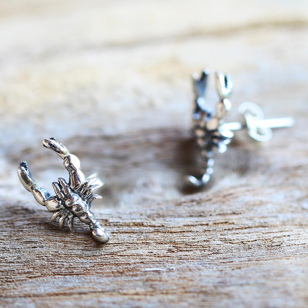 Sterling Silver Button Earrings Scorpion Shape from Thailand - Little Scorpions