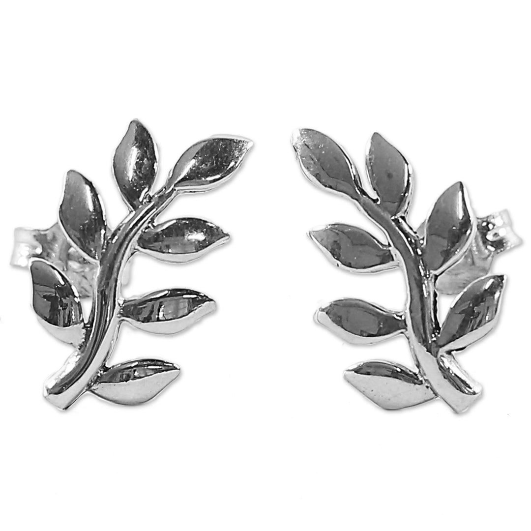 Sterling Silver Leaf Button Earrings from Thailand - Peaceful Leaves