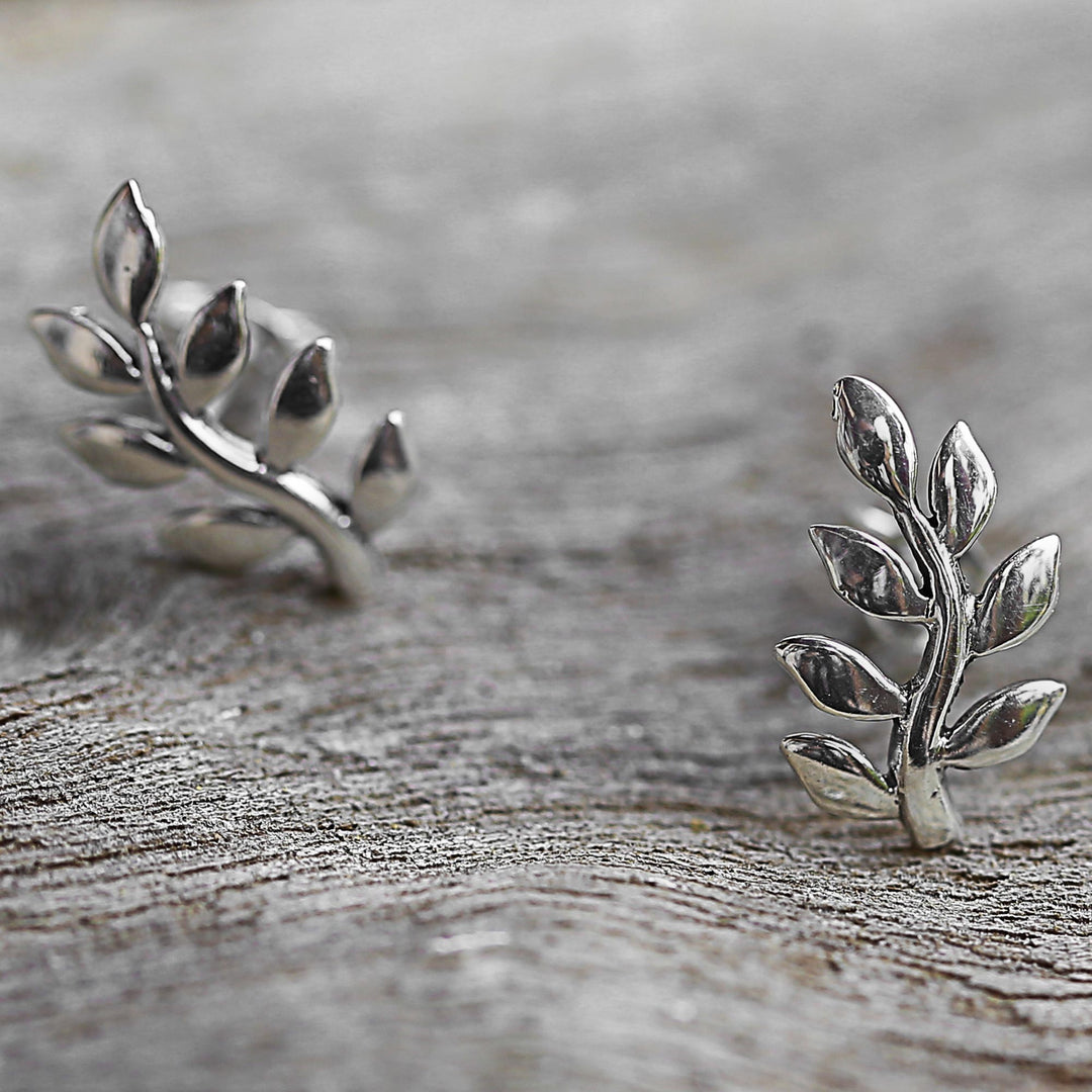 Sterling Silver Leaf Button Earrings from Thailand - Peaceful Leaves