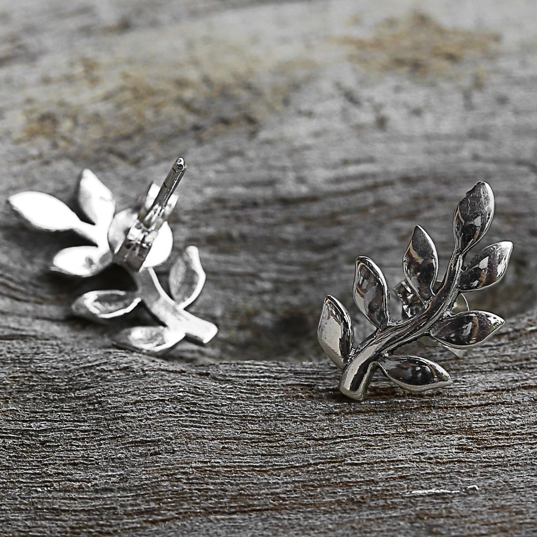 Sterling Silver Leaf Button Earrings from Thailand - Peaceful Leaves