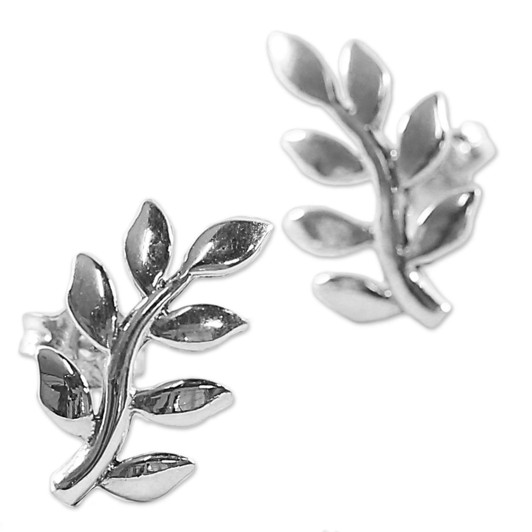 Sterling Silver Leaf Button Earrings from Thailand - Peaceful Leaves