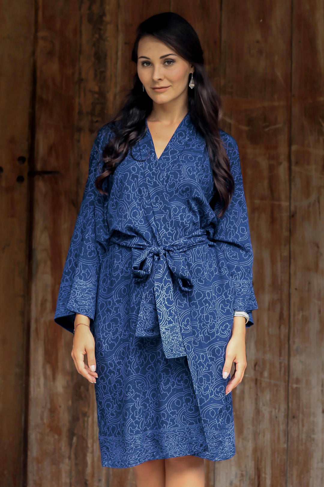 Hand Stamped Batik Flowers on Short Rayon Robe from Bali - Indigo Garden