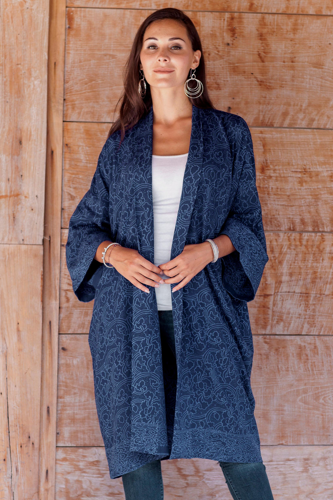 Hand Stamped Batik Flowers on Short Rayon Robe from Bali - Indigo Garden