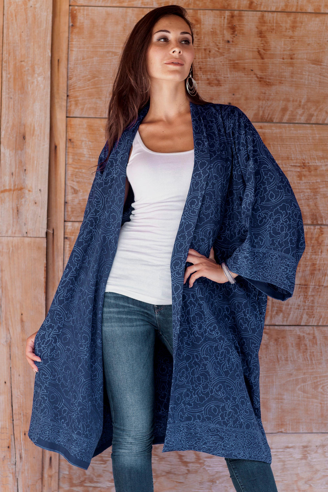 Hand Stamped Batik Flowers on Short Rayon Robe from Bali - Indigo Garden