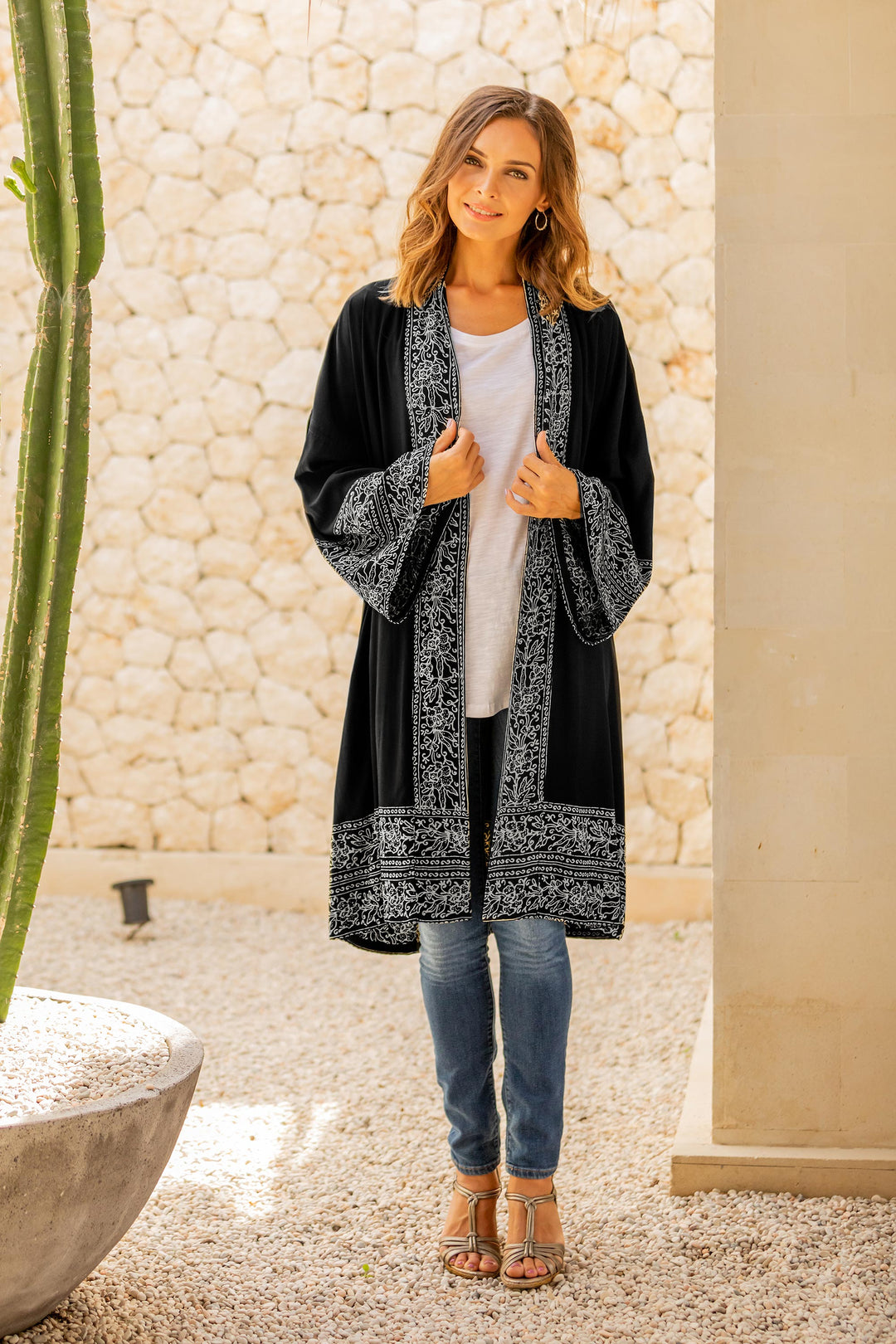 Indonesian Floral Patterned Black and White Short Robe - Midnight Rose