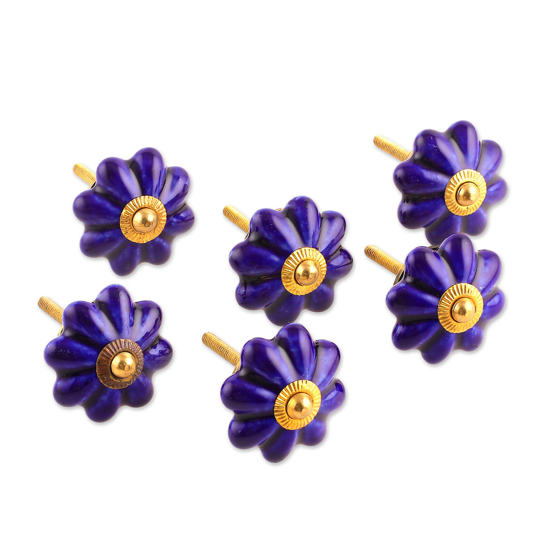 Hand Made Ceramic Cabinet Knobs Floral Blue (Set of 6) India - Floral Beauties in Indigo