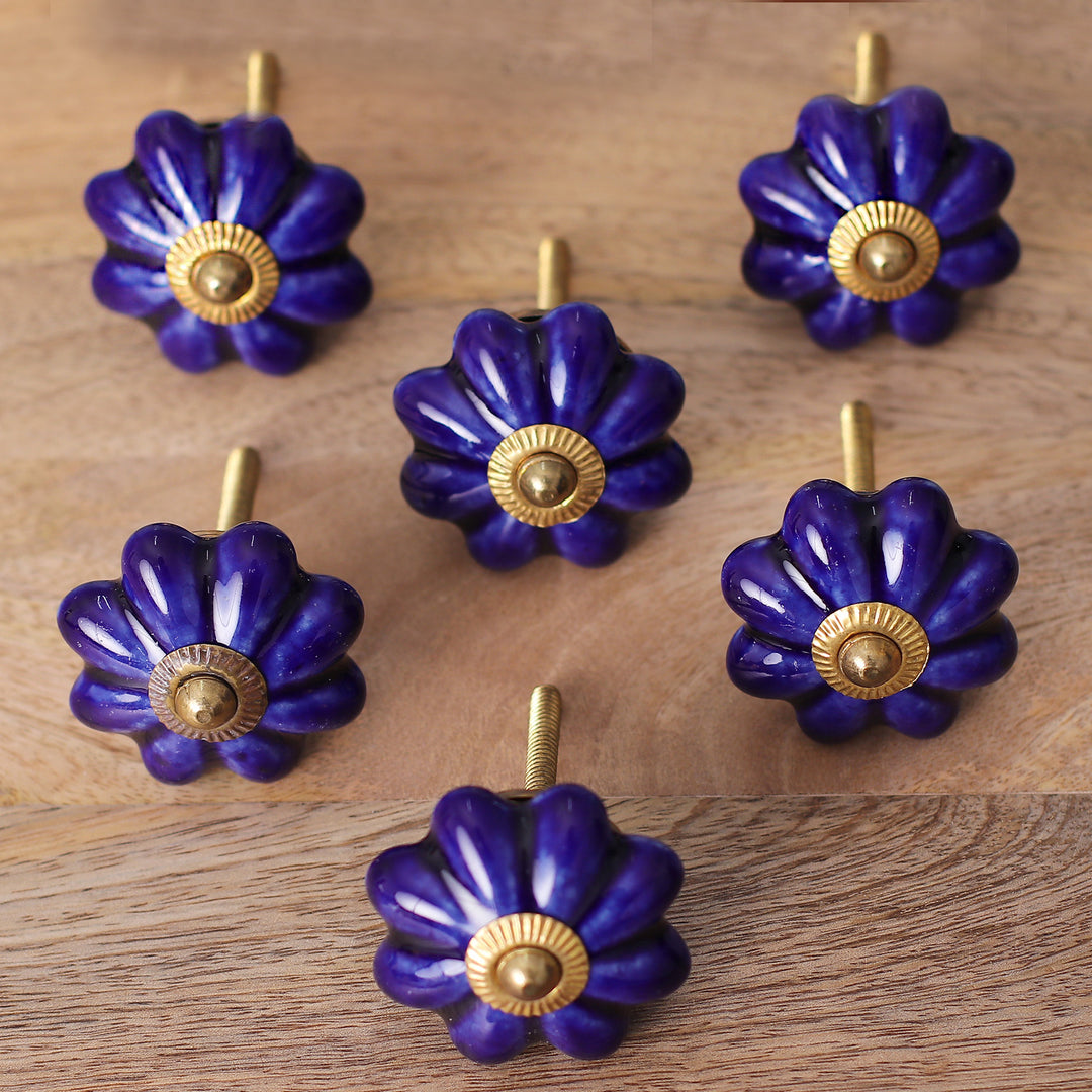 Hand Made Ceramic Cabinet Knobs Floral Blue (Set of 6) India - Floral Beauties in Indigo