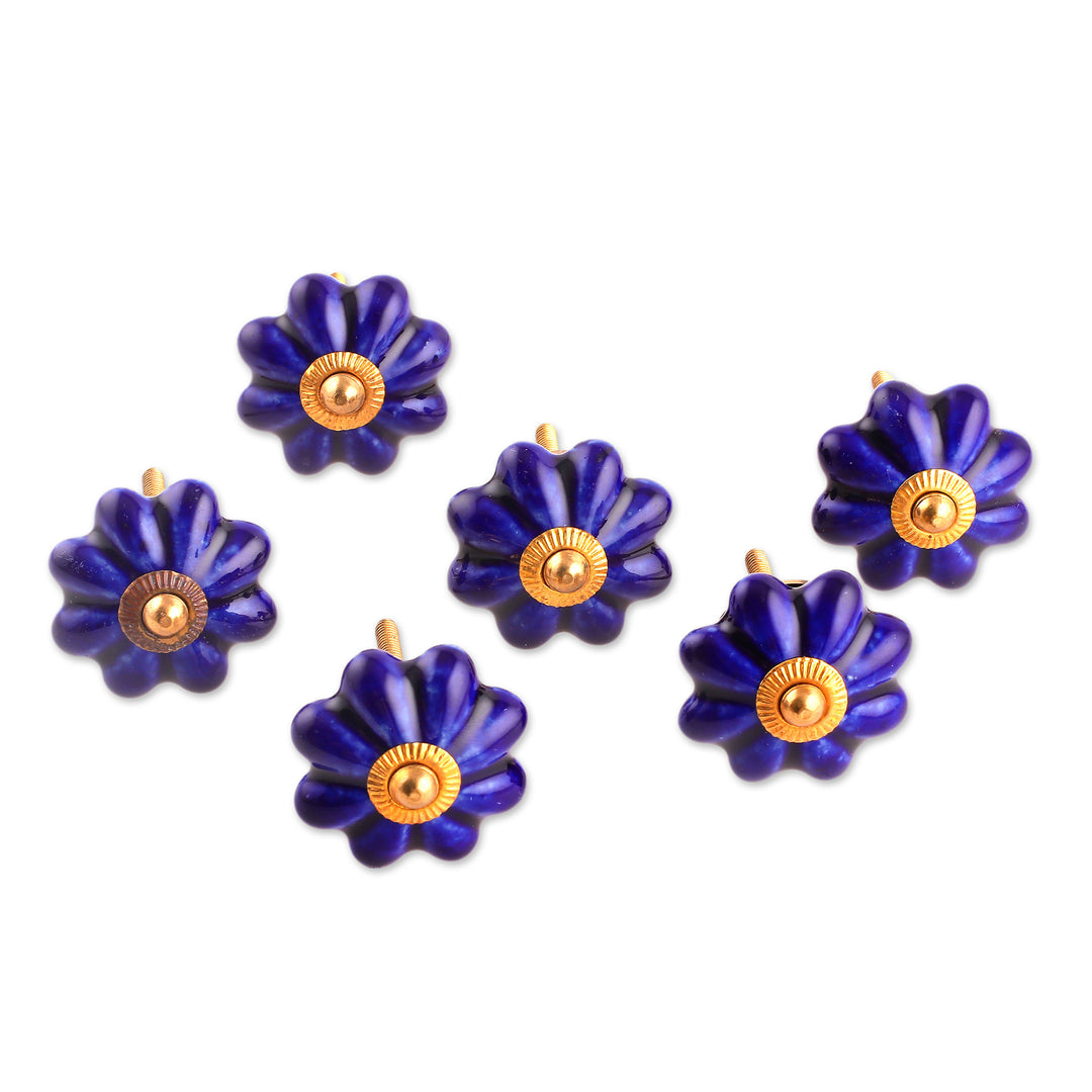 Hand Made Ceramic Cabinet Knobs Floral Blue (Set of 6) India - Floral Beauties in Indigo