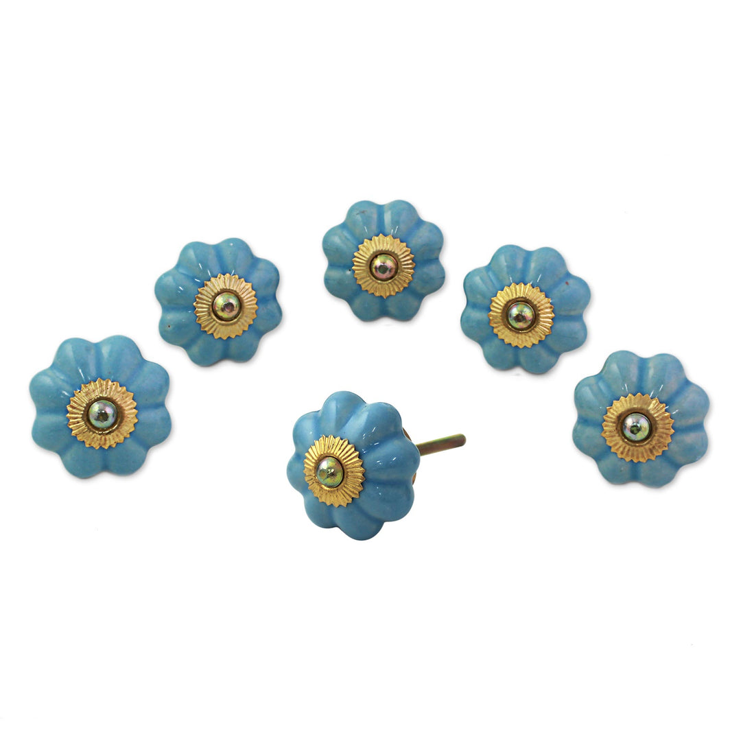 Ceramic Cabinet Knobs Floral Sky Blue (Set of 6) from India - Floral Beauties in Sky Blue
