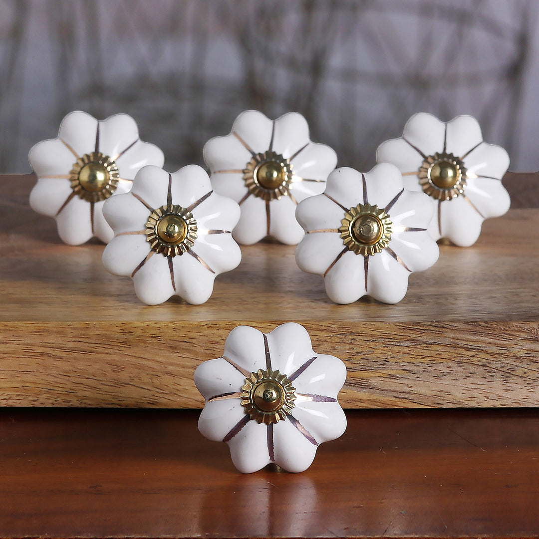 Ceramic Cabinet Knobs Floral Off-White (Set of 6) India - Pale Floral Beauties