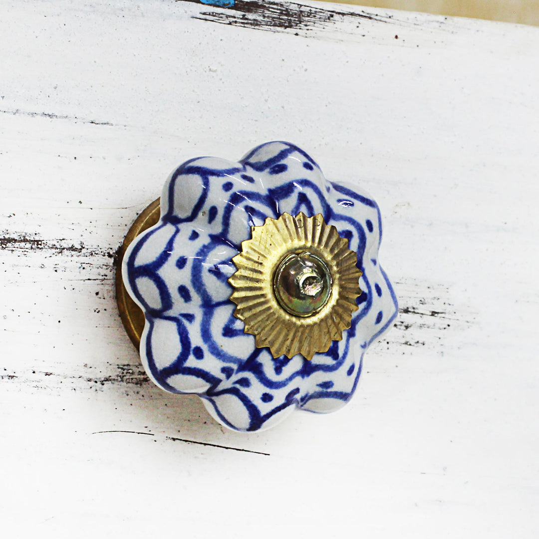 Ceramic Brass Cabinet Knobs Floral (Set of 6) from India - Radiant Blue Flowers