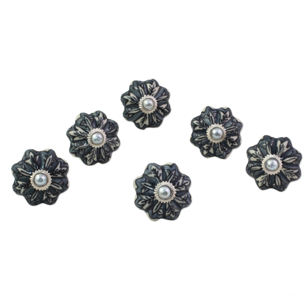 Ceramic Cabinet Knobs Floral Grey (Set of 6) India - Flower Harmony in Grey