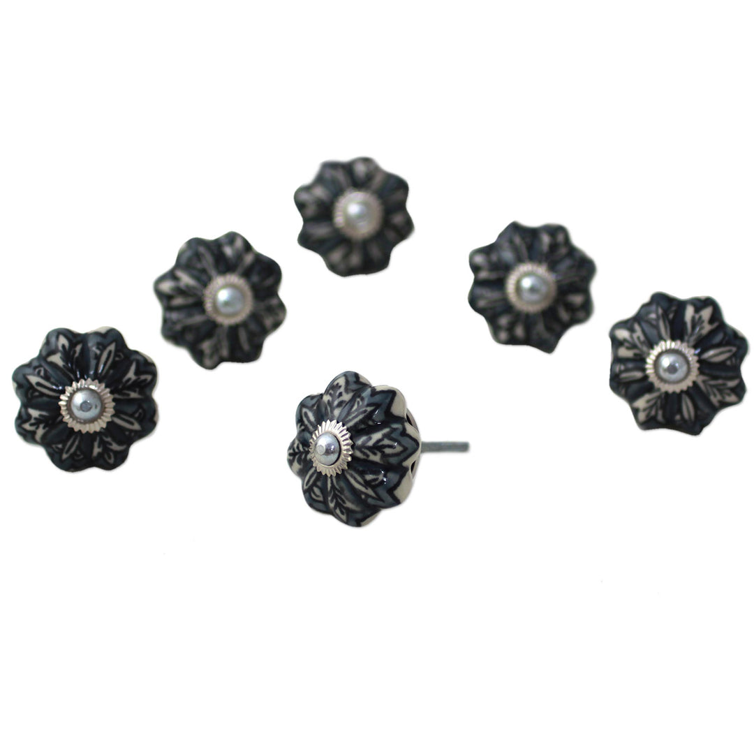 Ceramic Cabinet Knobs Floral Grey (Set of 6) India - Flower Harmony in Grey
