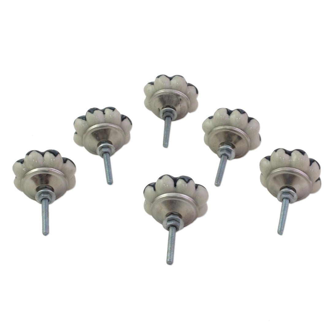 Ceramic Cabinet Knobs Floral Grey (Set of 6) India - Flower Harmony in Grey