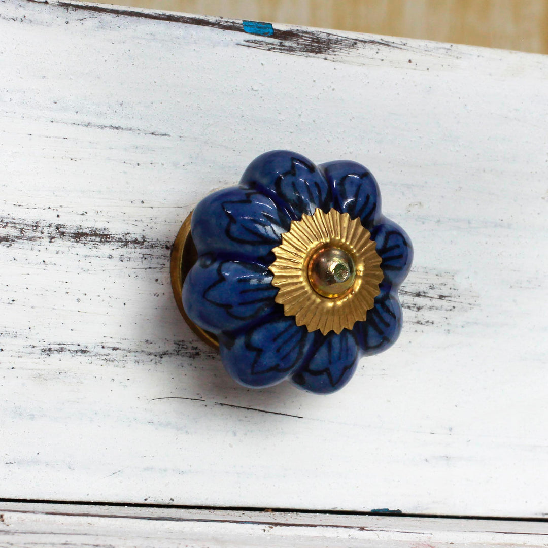 Ceramic Cabinet Knobs Floral Blue (Set of 6) from India - Flower Harmony in Blue