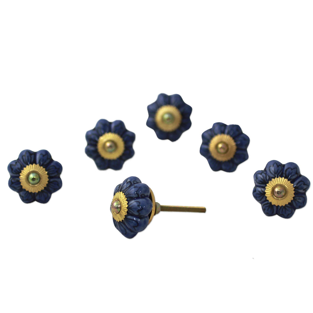 Ceramic Cabinet Knobs Floral Blue (Set of 6) from India - Flower Harmony in Blue