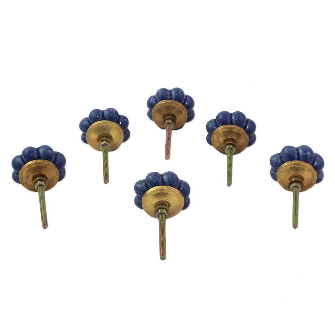 Ceramic Cabinet Knobs Floral Blue (Set of 6) from India - Flower Harmony in Blue