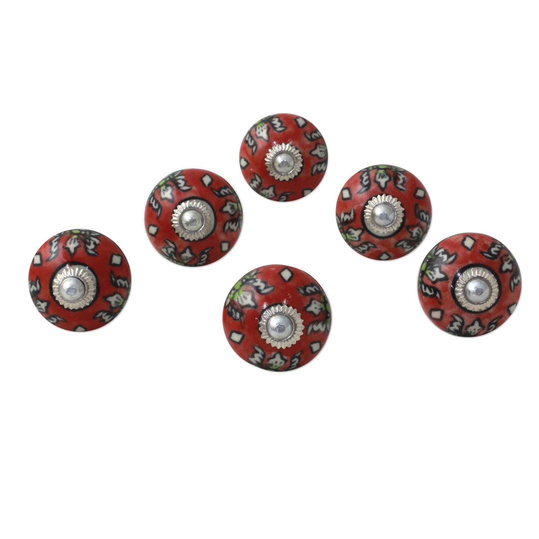 Ceramic Cabinet Knobs Floral Red (Set of 6) from India - Charming Red Flowers