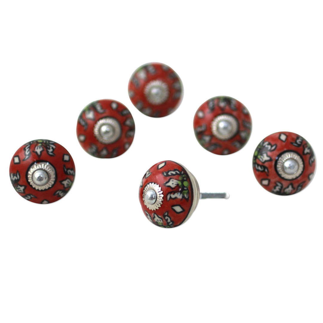 Ceramic Cabinet Knobs Floral Red (Set of 6) from India - Charming Red Flowers